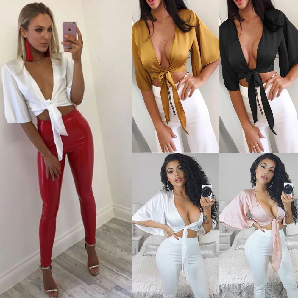 Womens Ladies Satin Silk Bodycon Flared Sleeve Deep V Neck Crop Top Vogue Women Ladies Sexy Tops Female Fashion Shirts Blouses
Womens Ladies Satin Silk Bodycon Flared Sleeve Deep V Neck Crop Top Vogue Women Ladies Sexy Tops Female Fashion Shirts Blouses