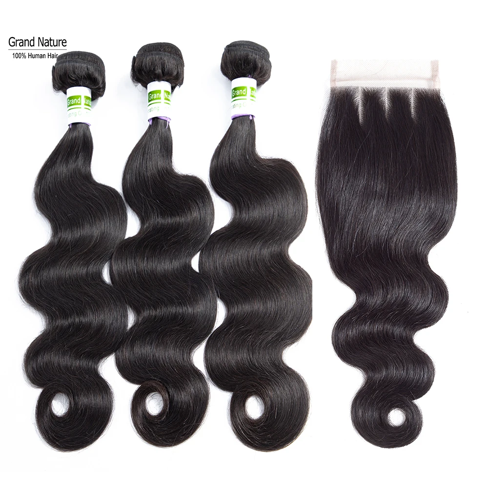 Grand Natural индийские объемные волнистые пучки с закрытием 3 пучка 100% волос Remy|3/4 на