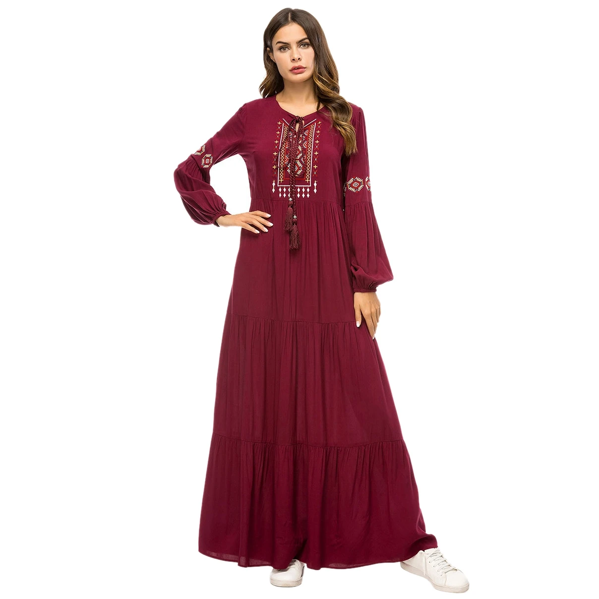 Women Geometric Embroidery Ruffle Pleated Dress Vintage Ethnic Tassel Drawstring Long Sleeve Draped Swing Long Dress Abaya Qat
Women Geometric Embroidery Ruffle Pleated Dress Vintage Ethnic Tassel Drawstring Long Sleeve Draped Swing Long Dress Abaya Qat