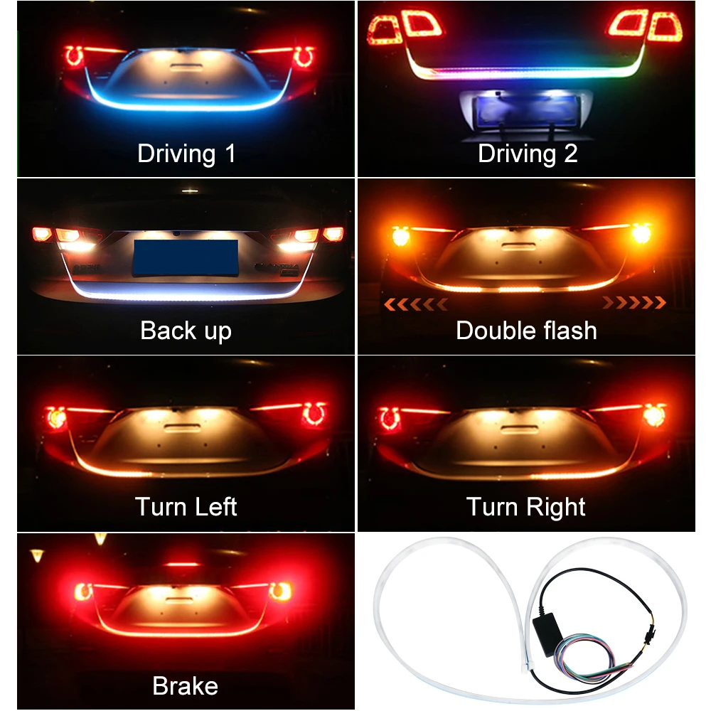 120cm Turn Signal Tailgate Strip Light Car LED DRL Flexible Flash Flowing Rear Reverse Lamp Trunk Tail Light Brake warning light
120cm Turn Signal Tailgate Strip Light Car LED DRL Flexible Flash Flowing Rear Reverse Lamp Trunk Tail Light Brake warning light