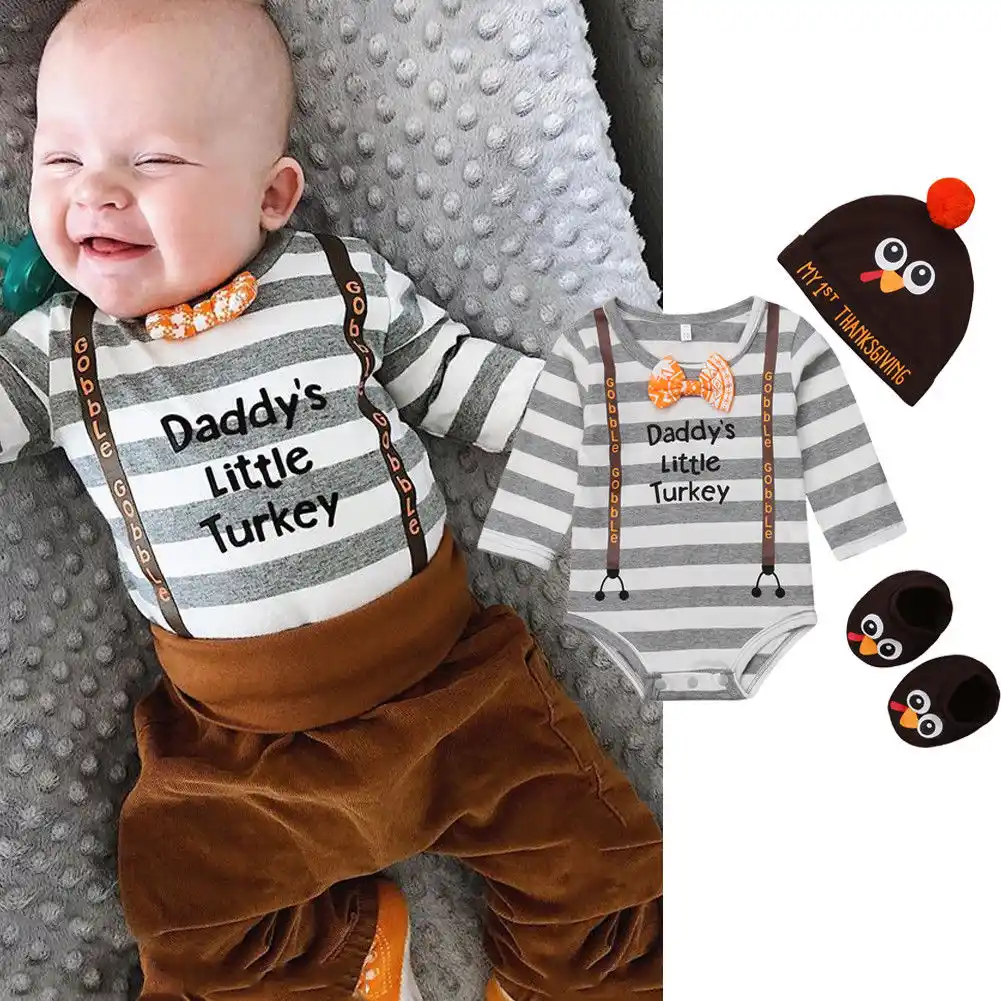 3pcs lovely thanksgiving newborn baby boy turkey romper hat