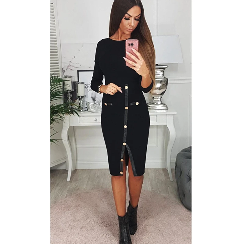 New Buttons Long Sleeve Women Knee Length Dress Bodycon Evening Party Short Dress Tight skinned Skinny split knit Dress Black
New Buttons Long Sleeve Women Knee Length Dress Bodycon Evening Party Short Dress Tight skinned Skinny split knit Dress Black
