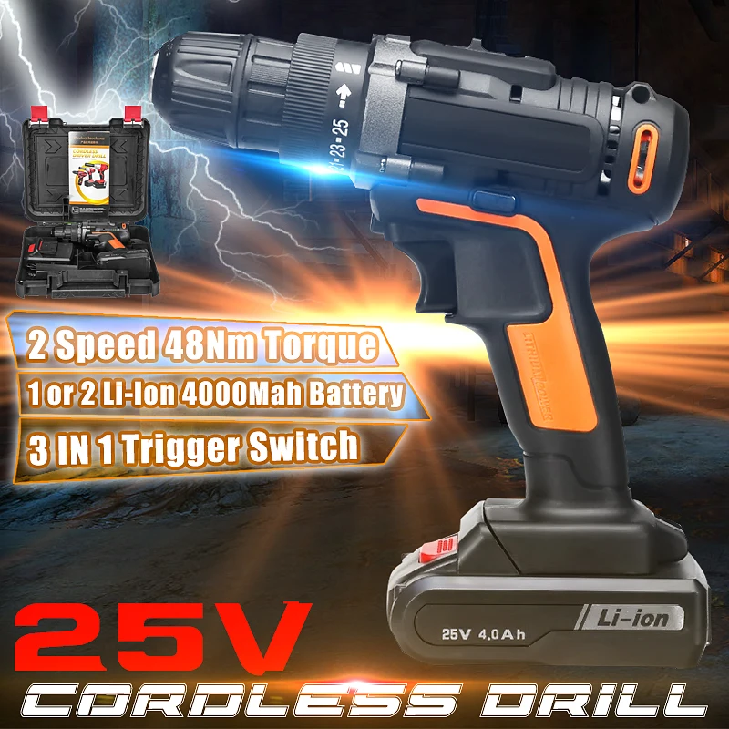 25V Electric Drill Two Speed Lithium Battery Rechargeable Cordless Drill Multi-function Electric Cordless Screwdriver
25V Electric Drill Two Speed Lithium Battery Rechargeable Cordless Drill Multi-function Electric Cordless Screwdriver