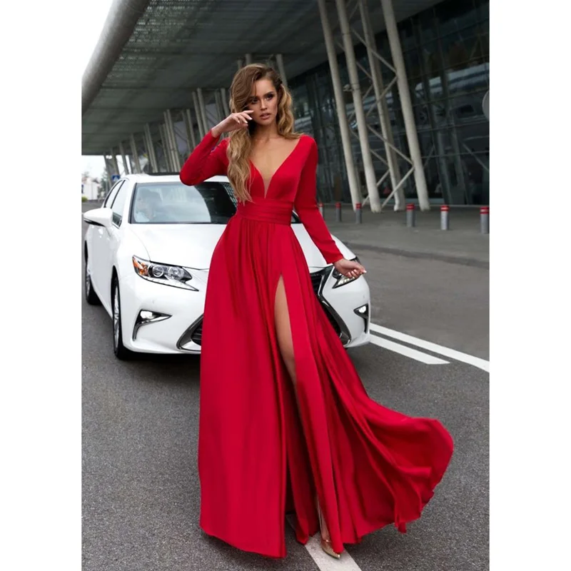 Women's Autumn Long Sleeve V-Neck Maxi Split Dress Evening Party Beach Party Solid ColorSundress
Women's Autumn Long Sleeve V-Neck Maxi Split Dress Evening Party Beach Party Solid ColorSundress