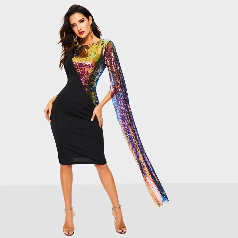 Women Party Bodycon Dress Patchwork Mesh Cloak Sleeve Design Color Sequins Sexy Evening Summer Black Elegant Midi Dresses Female
Women Party Bodycon Dress Patchwork Mesh Cloak Sleeve Design Color Sequins Sexy Evening Summer Black Elegant Midi Dresses Female