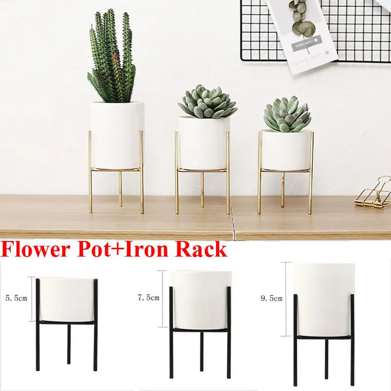 

New Plant Flowers Vase Simple Style For Home Decor Metal Ceramic Planter Iron Stand Garden Flower Plant Vases Succulent Pot Rack