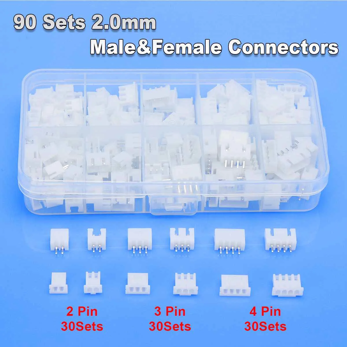 180pcs 90Sets 2.0mm 2 Pin 3 Pin 4 Pin Male Female DuPont Terminal Connector Plug Header Sets with Box White Different Type
180pcs 90Sets 2.0mm 2 Pin 3 Pin 4 Pin Male Female DuPont Terminal Connector Plug Header Sets with Box White Different Type