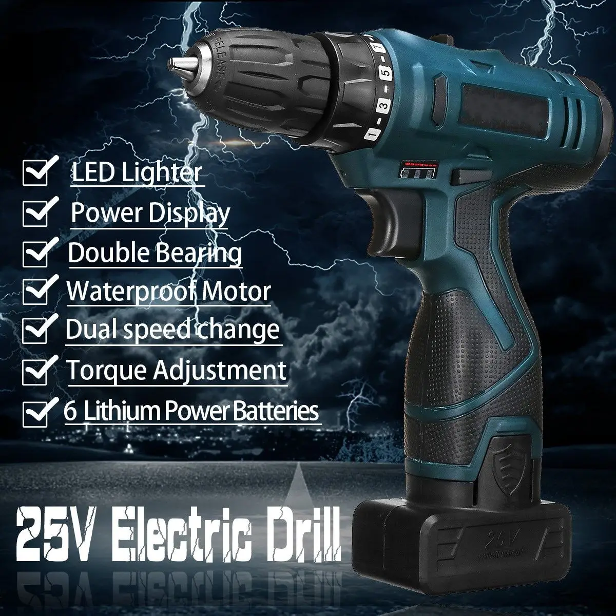 25V LED Light Cordless Power Drill Dual Speed Li-ion Battery Electric Screwdriver Waterproof Motor Torque Screw Power Tools
25V LED Light Cordless Power Drill Dual Speed Li-ion Battery Electric Screwdriver Waterproof Motor Torque Screw Power Tools