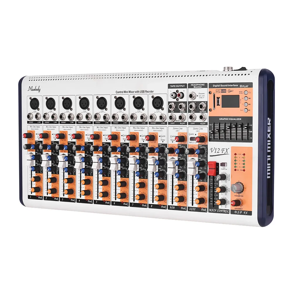 Muslady V12-FX 12-Channel Mixing Console Sound Mixer Built-in 16 DSP Effects +48V Phantom Power BT Connection with Power Adapter
Muslady V12-FX 12-Channel Mixing Console Sound Mixer Built-in 16 DSP Effects +48V Phantom Power BT Connection with Power Adapter