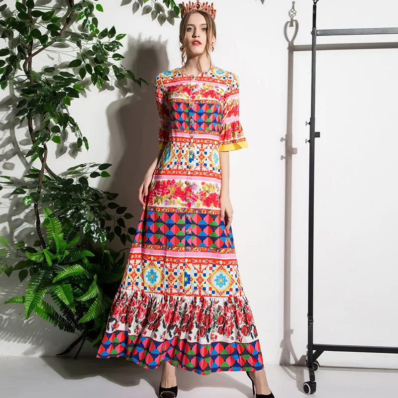 2019 Women Summer Print Bohemian Beach Dress Half Flare Sleeve Ankle-length Office Lady Dress Elegant High Quality 
2019 Women Summer Print Bohemian Beach Dress Half Flare Sleeve Ankle-length Office Lady Dress Elegant High Quality