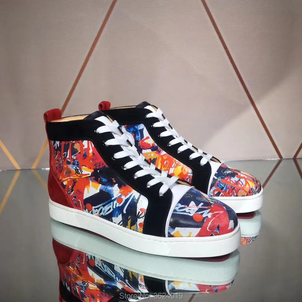 19 High Top Colored Graffiti sneaker cl andgz Lace up no Rivets Red bottoms Shoes leather Footwear casual For Man's Flat Loafers
19 High Top Colored Graffiti sneaker cl andgz Lace up no Rivets Red bottoms Shoes leather Footwear casual For Man's Flat Loafers