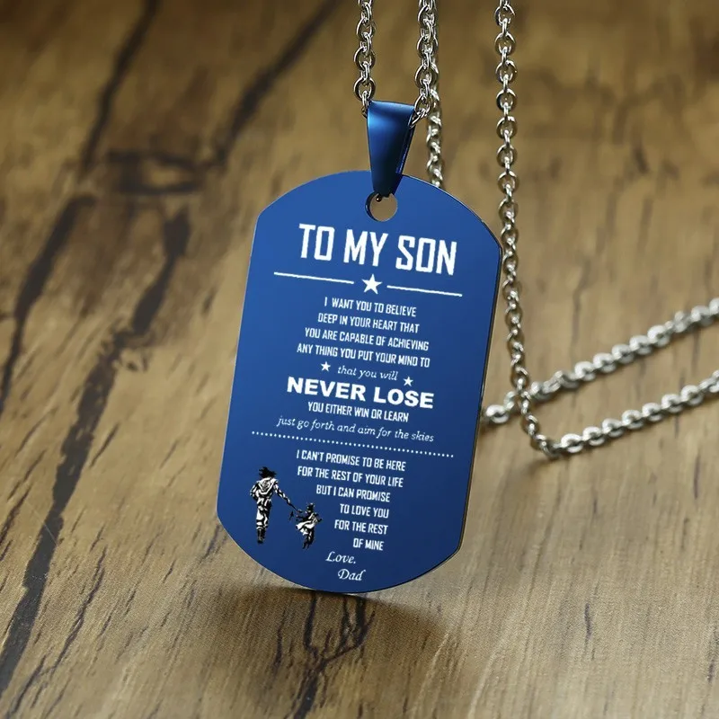 My Son Love Dad Dog Tag Pendant Necklace Blue Stainless Steel Personalized Engravable Gift to Kids Family
My Son Love Dad Dog Tag Pendant Necklace Blue Stainless Steel Personalized Engravable Gift to Kids Family