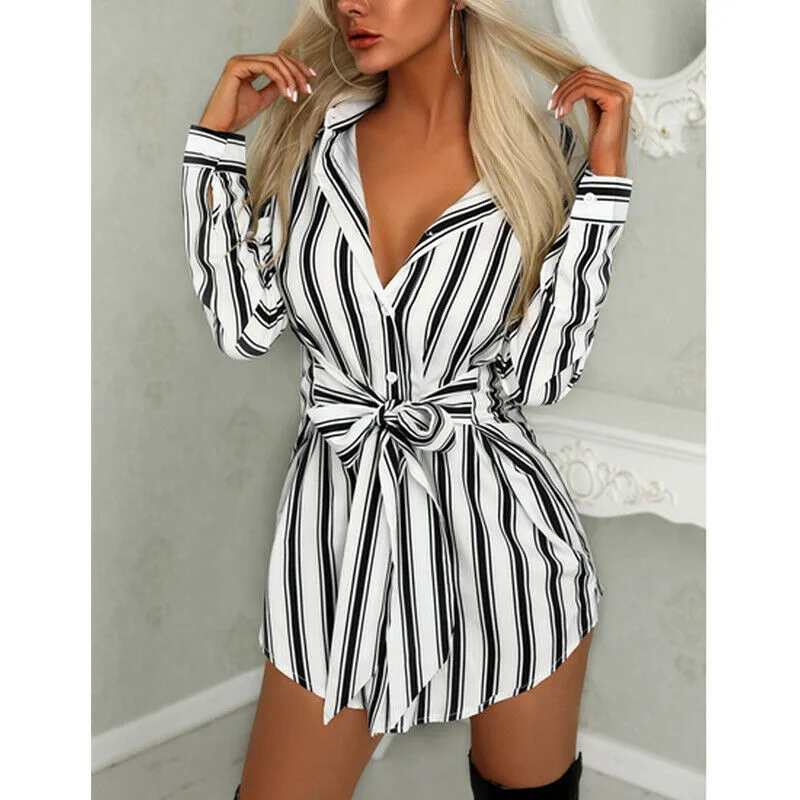 Sexy Women Plus Size Long Sleeve Shirt Dress Ladies Party Mini Dress Blouse Tops High Waist V-neck Striped Belts Dress Sundress
Sexy Women Plus Size Long Sleeve Shirt Dress Ladies Party Mini Dress Blouse Tops High Waist V-neck Striped Belts Dress Sundress