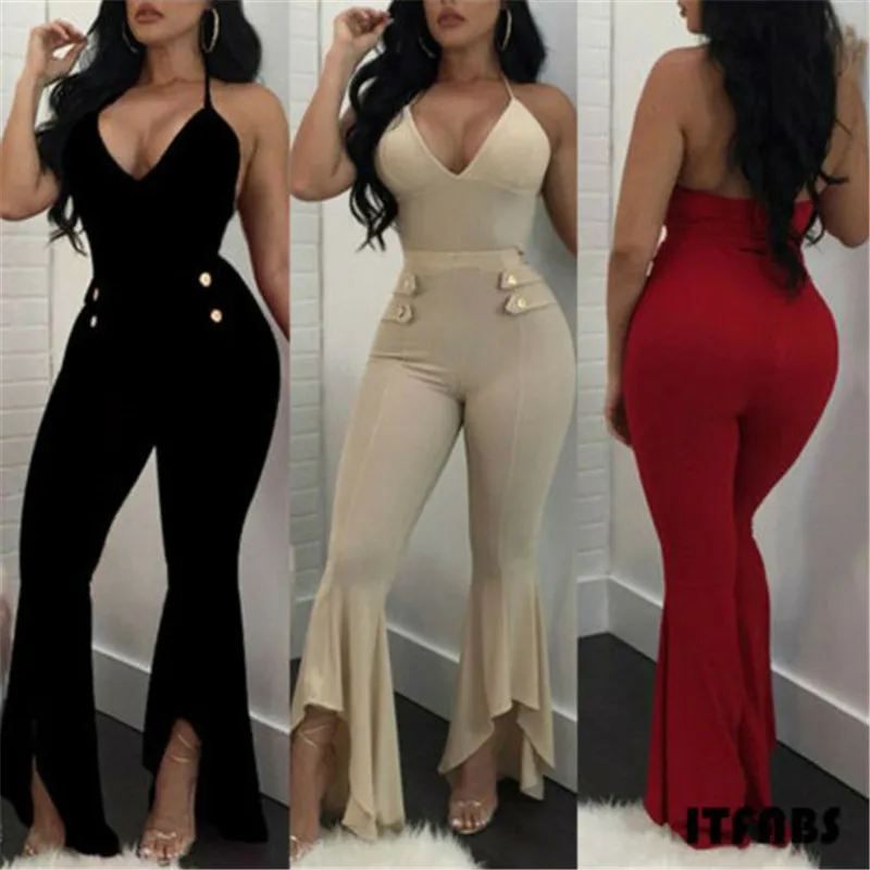 Sexy Ladies Jumpsuit Solid Color Button Women Summer Casual Sleeveless Romper Halter V-neck Jumpsuit Fashion Long Flare Pants
Sexy Ladies Jumpsuit Solid Color Button Women Summer Casual Sleeveless Romper Halter V-neck Jumpsuit Fashion Long Flare Pants