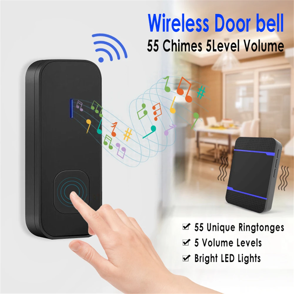 

EU/AU/UK/US Plug Wireless Doorbell Waterproof IP55 Dust-proof Door Bell 300M Range Remote Cordless Door Ring 55 Chimes Rings