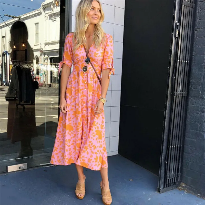 Women Mid Boho Floral Dress Summer Beach Short Sleeve V neck Evening Party bohemian beach dresses 2019 Summer style vestidos
Women Mid Boho Floral Dress Summer Beach Short Sleeve V neck Evening Party bohemian beach dresses 2019 Summer style vestidos