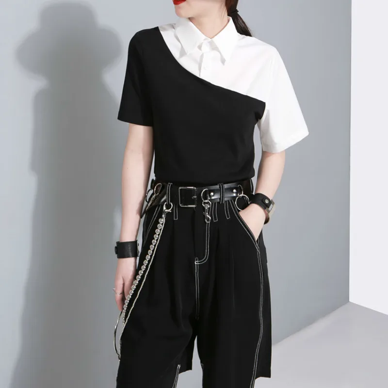 Spring and summer t-shirt personality design black and white asymmetric Shirt collar short-sleeved T-shirt women 280
Spring and summer t-shirt personality design black and white asymmetric Shirt collar short-sleeved T-shirt women 280