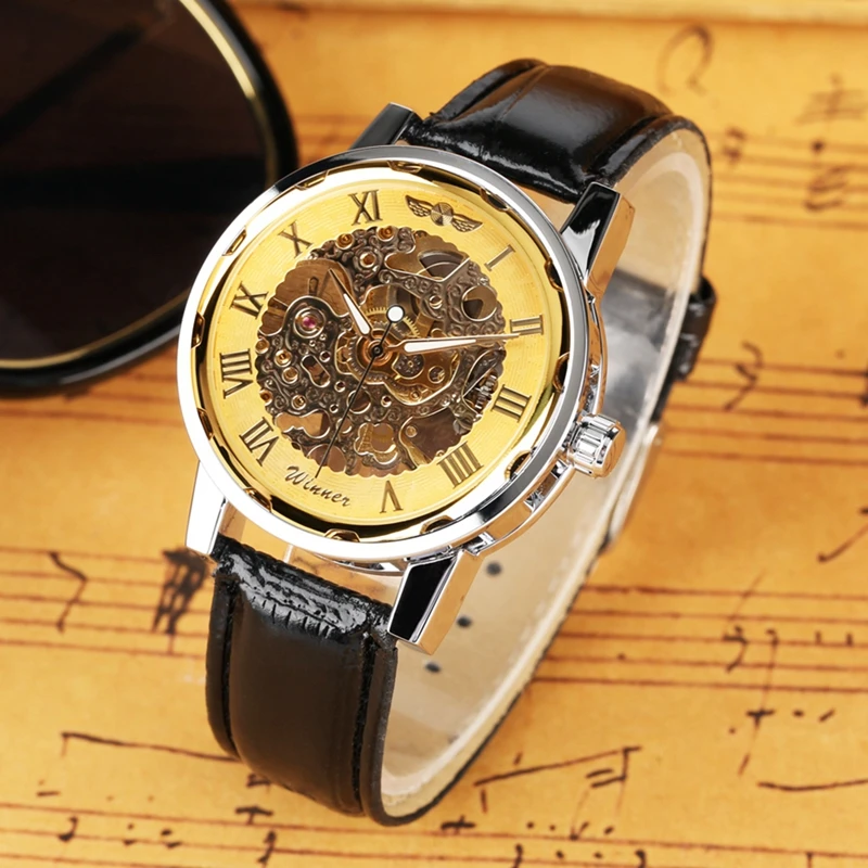 

WINNER Top Brand Mechanical Watch Men's Luxury Skeleton Hand-Winding Men Watches Clock Male Analog Leather Hour Top Gift for Men