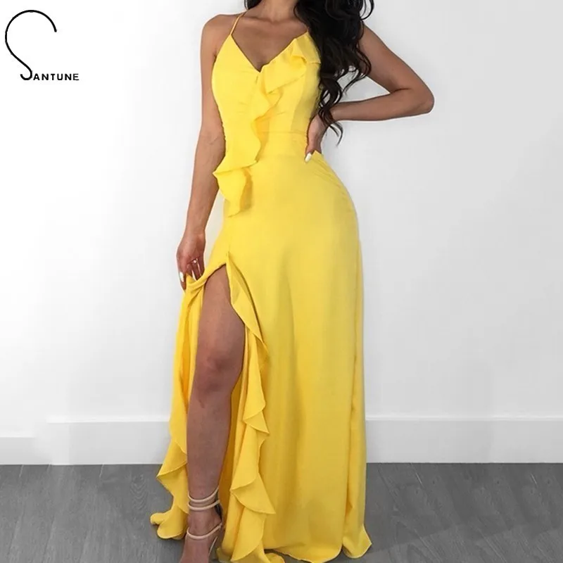 Santune Cross Back Halter Women Dress Summer Sexy V Neck Backless Bodycon Maxi Dresses High Split Ruffle Long Party Dress
Santune Cross Back Halter Women Dress Summer Sexy V Neck Backless Bodycon Maxi Dresses High Split Ruffle Long Party Dress