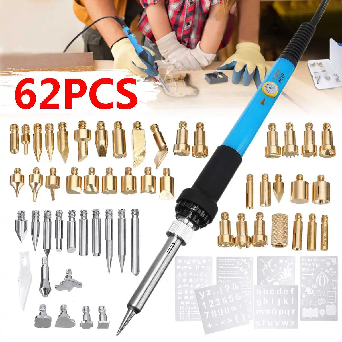 62Pcs 60W 110V/220V Electric Soldering Iron Wood Burning Pen Tip Kit Pyrography Craft Tool US/EU Plug 6 Stencil Set Woodworking
62Pcs 60W 110V/220V Electric Soldering Iron Wood Burning Pen Tip Kit Pyrography Craft Tool US/EU Plug 6 Stencil Set Woodworking