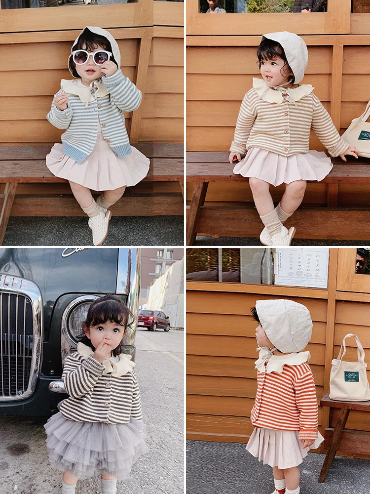 Girls Spring 2019 New Lotus Leaf Collar Stitching Sweater Children's Stripe Knitted T-shirt Cardigan Baby Girl Warm Clothes
Girls Spring 2019 New Lotus Leaf Collar Stitching Sweater Children's Stripe Knitted T-shirt Cardigan Baby Girl Warm Clothes