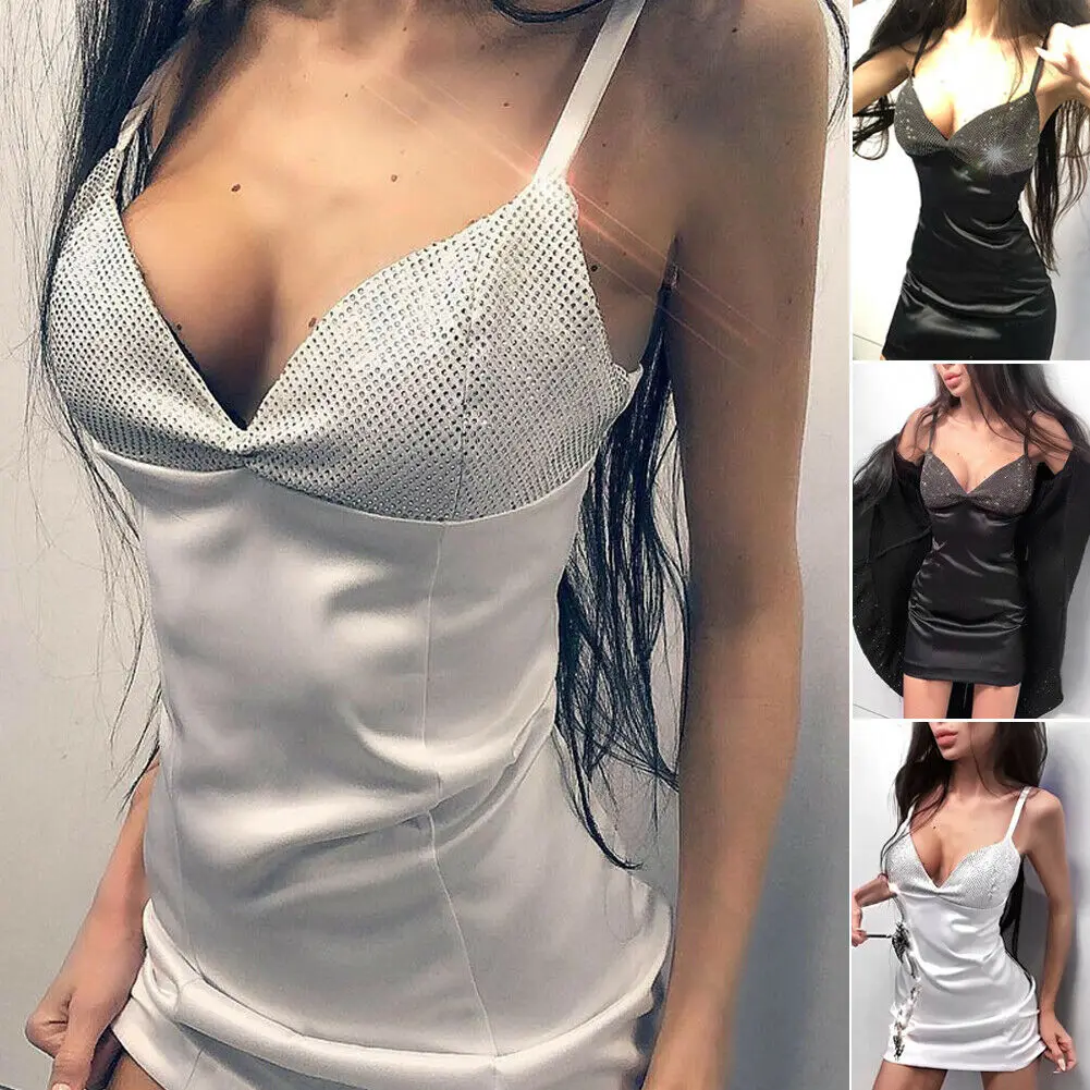 Sexy Women's Deep V Neck Strappy Sequined Patchwork Bandage Bodycon Sleeveless Evening Party Short Mini Dress 
Sexy Women's Deep V Neck Strappy Sequined Patchwork Bandage Bodycon Sleeveless Evening Party Short Mini Dress