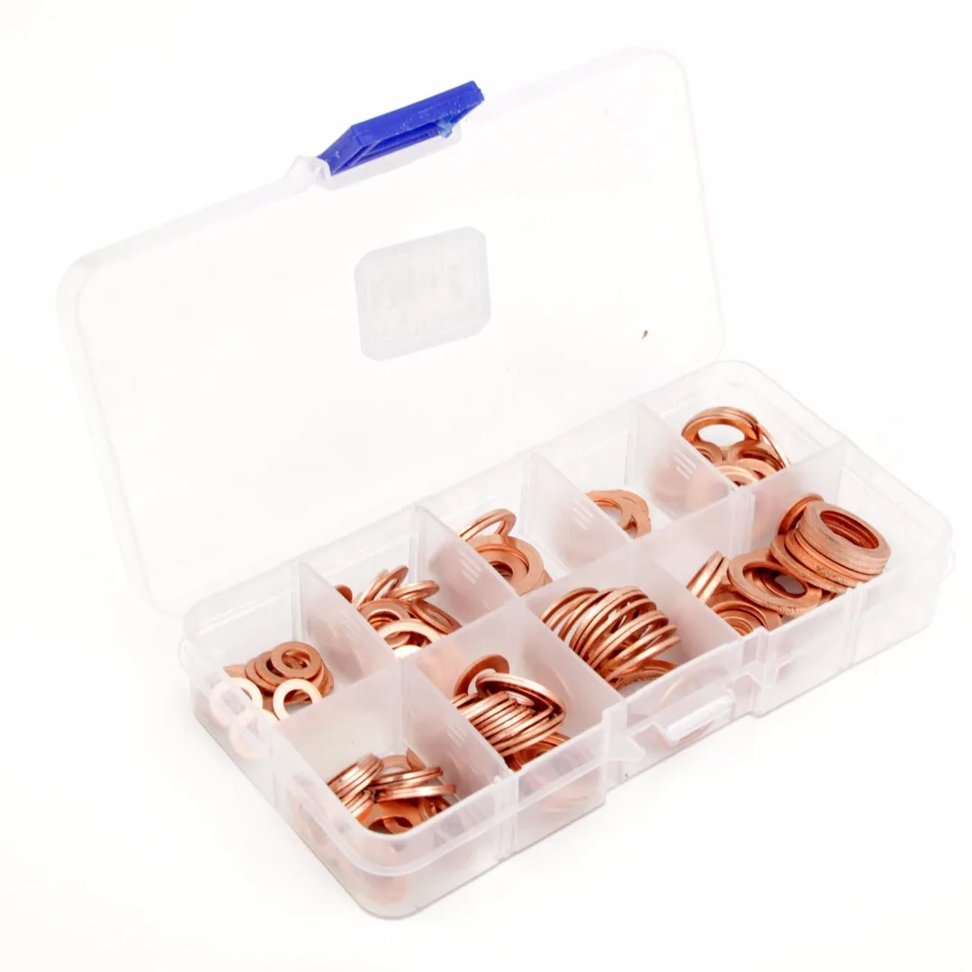 200Pcs M5-M20 Professional Assorted Copper Washer Gasket Set Flat Ring Seal Assortment Kit with Box Car Gaskets Accessories
200Pcs M5-M20 Professional Assorted Copper Washer Gasket Set Flat Ring Seal Assortment Kit with Box Car Gaskets Accessories