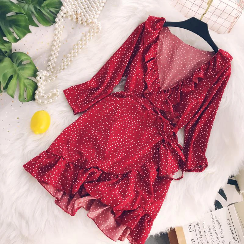 Korean Women Dot V-Neck Dress Summer Casual Three Quarter Ruffles A-Line Party Dress Empire Knee-Length Vestidos Cute Clothing
Korean Women Dot V-Neck Dress Summer Casual Three Quarter Ruffles A-Line Party Dress Empire Knee-Length Vestidos Cute Clothing