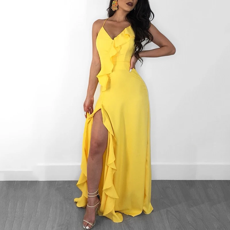 Ruffles Women Maxi Dress Sexy Hatler Backless Party Bodycon Dresses Red Yellow High Split Summer Elegant Long Dress Vestido
Ruffles Women Maxi Dress Sexy Hatler Backless Party Bodycon Dresses Red Yellow High Split Summer Elegant Long Dress Vestido