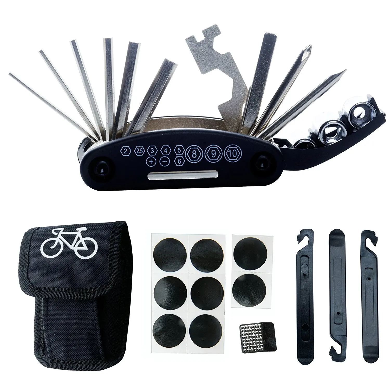 Bike Repair Tool Kits - 16 in 1 Multifunction Bicycle Mechanic Fix Tools Set Bag with Tire Patch Levers
Bike Repair Tool Kits - 16 in 1 Multifunction Bicycle Mechanic Fix Tools Set Bag with Tire Patch Levers