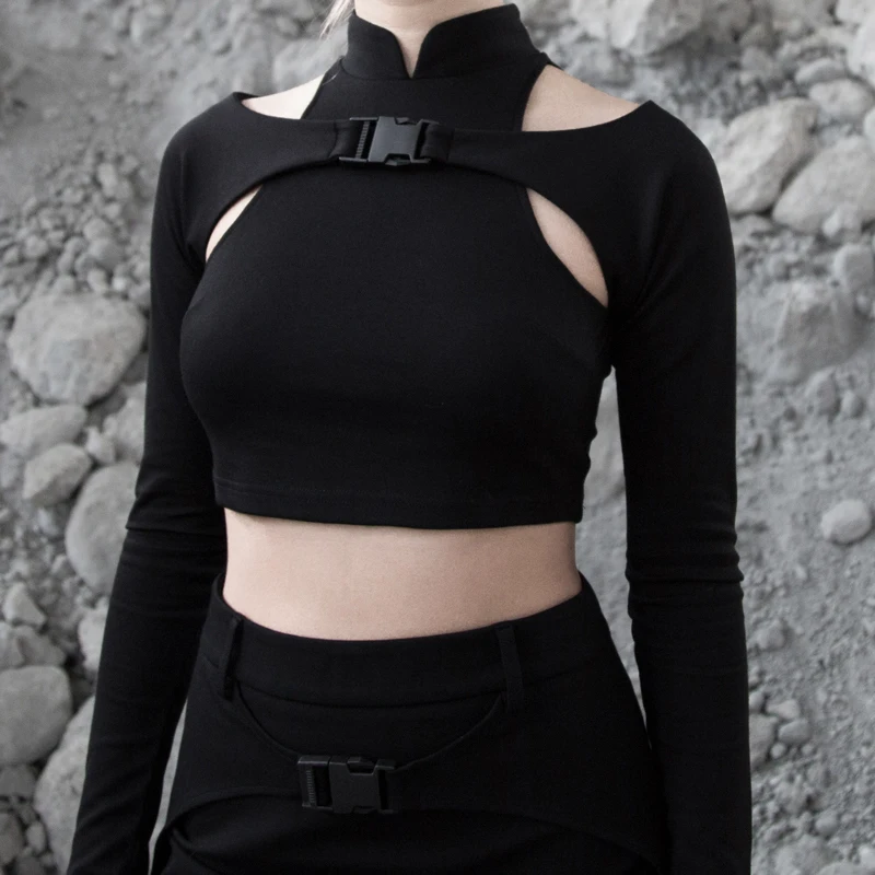 Gothic Rock Short Stand Collar Buckle Women T-shirt Hollow Out Sexy Elastic Cheongsam Female
Gothic Rock Short Stand Collar Buckle Women T-shirt Hollow Out Sexy Elastic Cheongsam Female