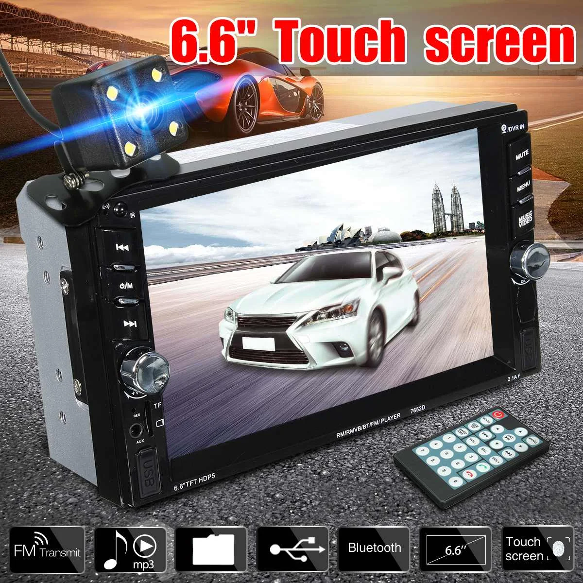 

6.6" bluetooth Touchs Screen 2 Din Car FM Radio Stereo SD TF USB MP3 MP5 Player with Rearview Camera Remote Control