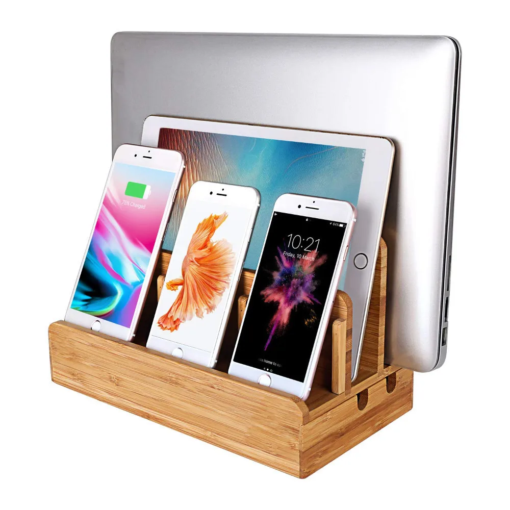 

Bamboo Wood Multi-Device Desktop Charging Dock Station Charger Holder Cradle Stand Compatible with iPhone iPad Imac Smartphones