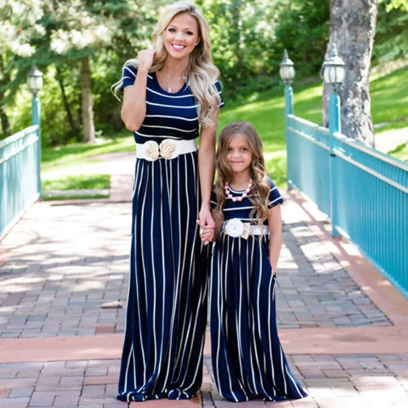 2018 Brand New Matching mother And daughter Short Sleeve mommy and me clothes Striped dress family look clothing outfit | Женская одежда