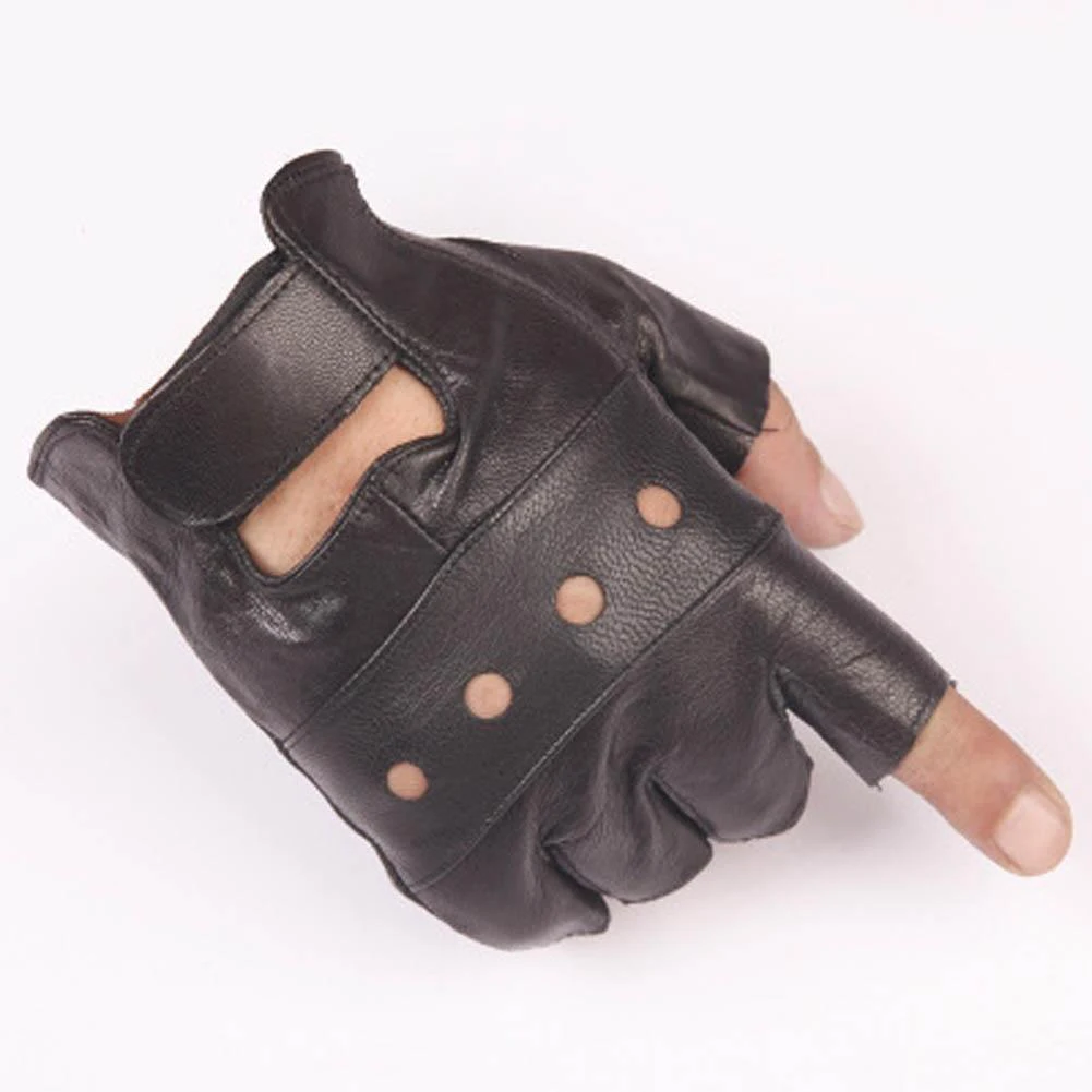 Фото Модные кожаные перчатки мужские крутые полые панк хип-хоп 2018 новые без пальцев