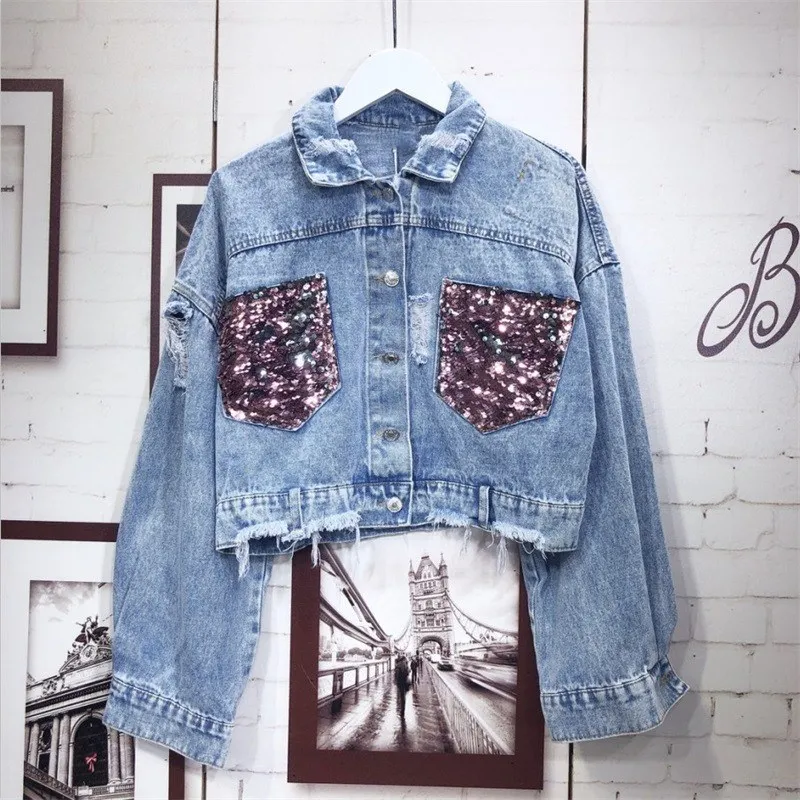 Cropped Jeans Jackets Female Spring Coats Short Sequins Jacket Denim Ripped Outerwear Streetwear Jeans Coat
Cropped Jeans Jackets Female Spring Coats Short Sequins Jacket Denim Ripped Outerwear Streetwear Jeans Coat