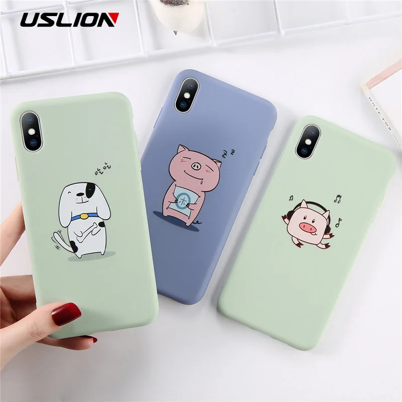 USLION Phone Case For iPhone X XS XR Xs Max Funny Cartoon Pig Animal Soft TPU Slicone Cover 6 6s 7 8 Plus |