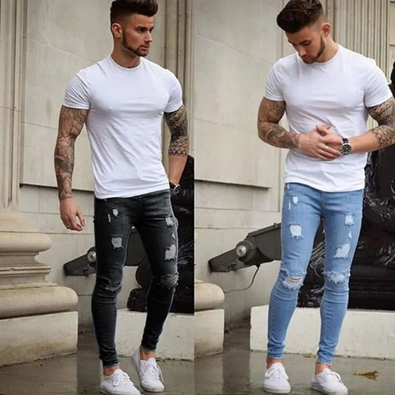 Мужские длинные прямые джинсы облегающие повседневные с дырками клубная