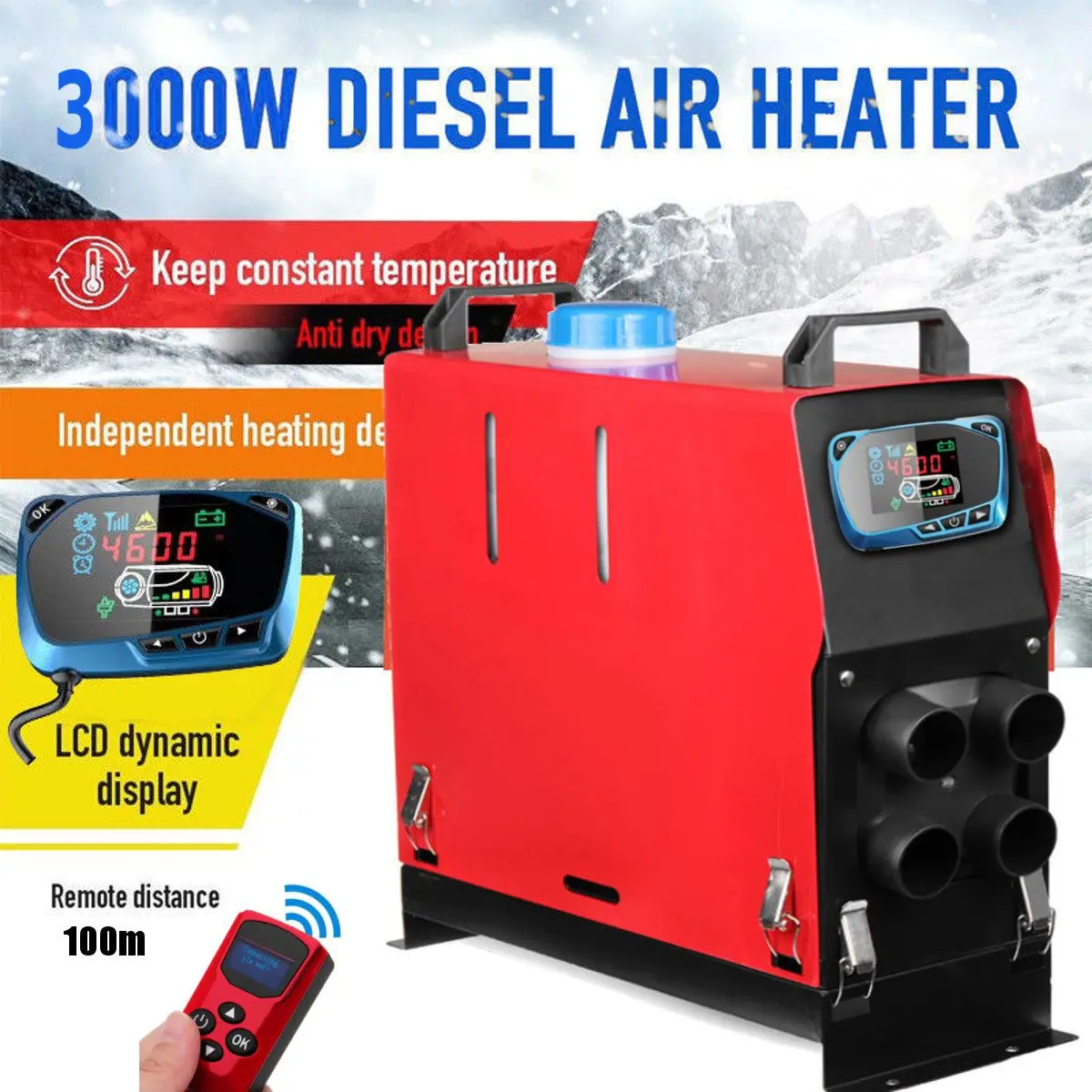 3000W Air diesels Heater 3KW 12V 1 Hole Car Heater For Trucks Motor-Home Boats Bus +LCD key Switch + Silencer +English Remote 
3000W Air diesels Heater 3KW 12V 1 Hole Car Heater For Trucks Motor-Home Boats Bus +LCD key Switch + Silencer +English Remote
