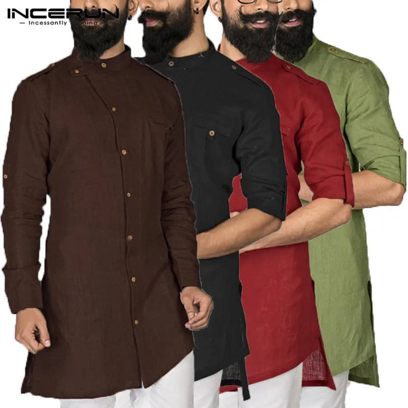 

2019 Men Indian Clothes Dress Shirt Kurta Suits Long Sleeve Button Down Loose Arab Islamic Clothing Chemise Kurtas Pathani