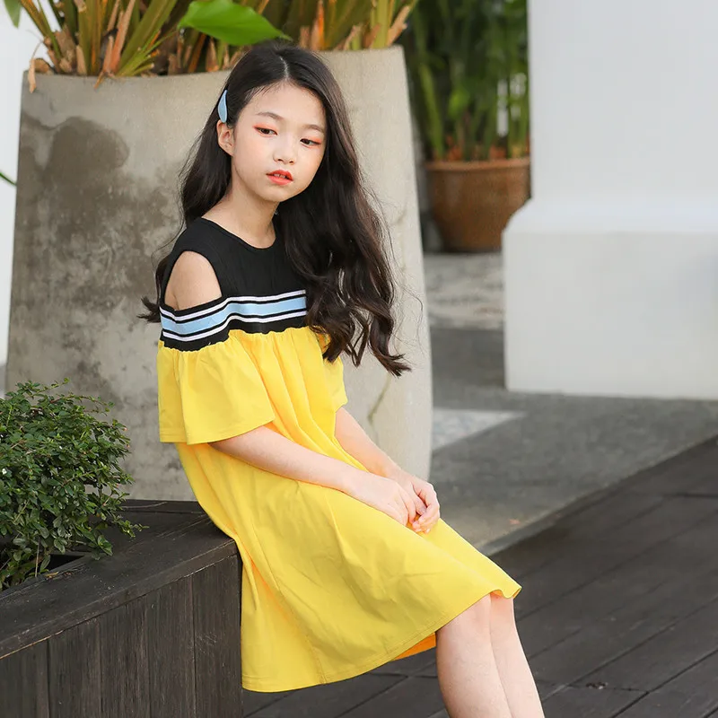 4 to 14 year old children and teenage girls summer cut shoulder cotton dress kid girl fashion yellow dress clothes
4 to 14 year old children and teenage girls summer cut shoulder cotton dress kid girl fashion yellow dress clothes