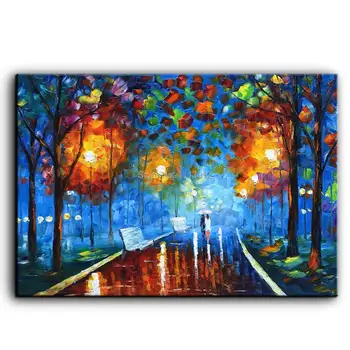 

Knife Landscape Oil Painting On Canvas Rain Street Tree Lamp Textured Abstract Contemporary Art Wall Handmade Home Office Decor