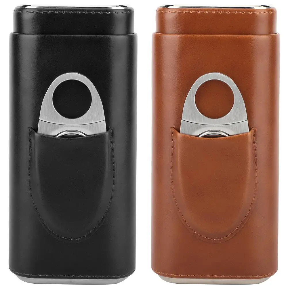 

3 Slots Cigarette Cigar Bag Holder Portable Leather Cigar Case Cedar Wood Lined Cigar Humidor with Cutter