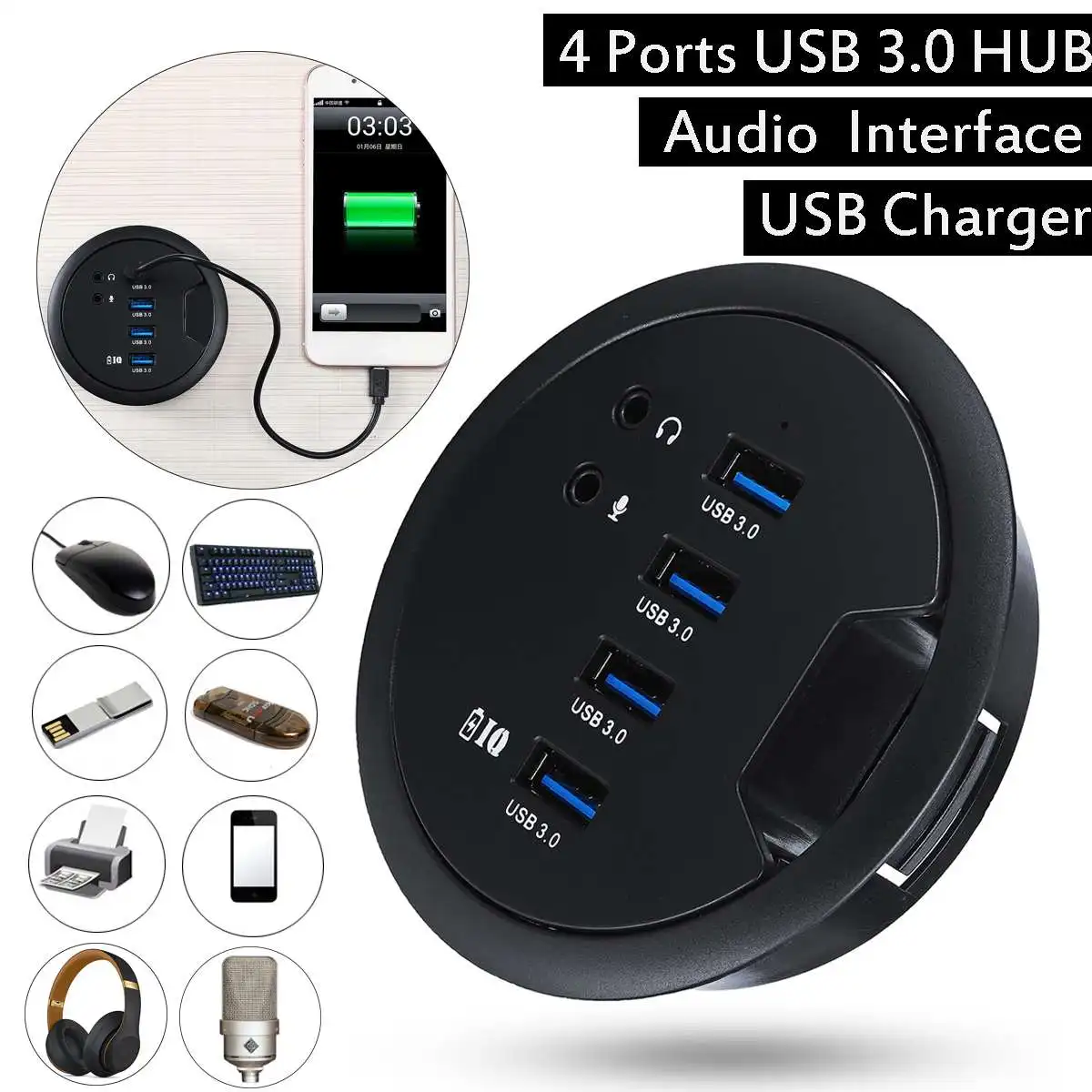 Mount In Desk 4 Port USB 3.0 HUB Adapter Phone Device Charging External Stereo Sound Adapter Office Combo Transfers Data EU Plug
Mount In Desk 4 Port USB 3.0 HUB Adapter Phone Device Charging External Stereo Sound Adapter Office Combo Transfers Data EU Plug