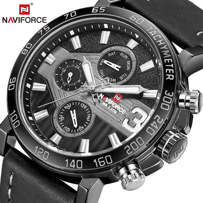NAVIFORCE мужские спортивные водонепроницаемые часы Роскошные наручные с кожаным