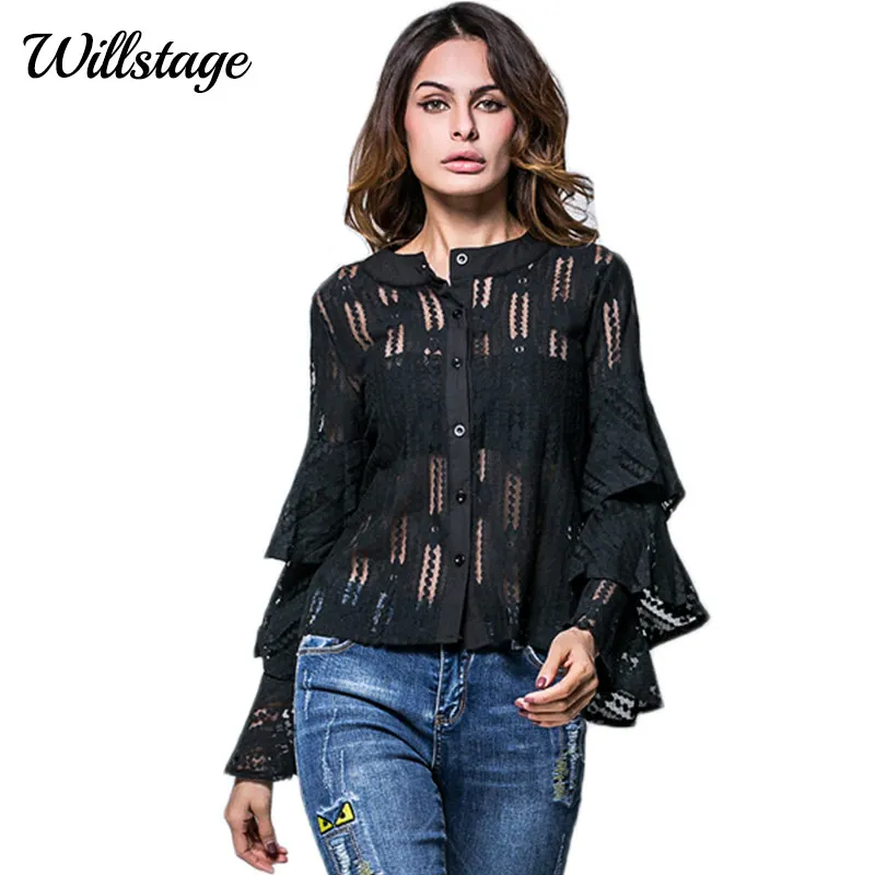 Willstage Women Black Lace Blouses Ruffles Sexy Hollow out Long Flare Sleeve Button Shirts Office ladies Clothes 2019 Spring Top
Willstage Women Black Lace Blouses Ruffles Sexy Hollow out Long Flare Sleeve Button Shirts Office ladies Clothes 2019 Spring Top