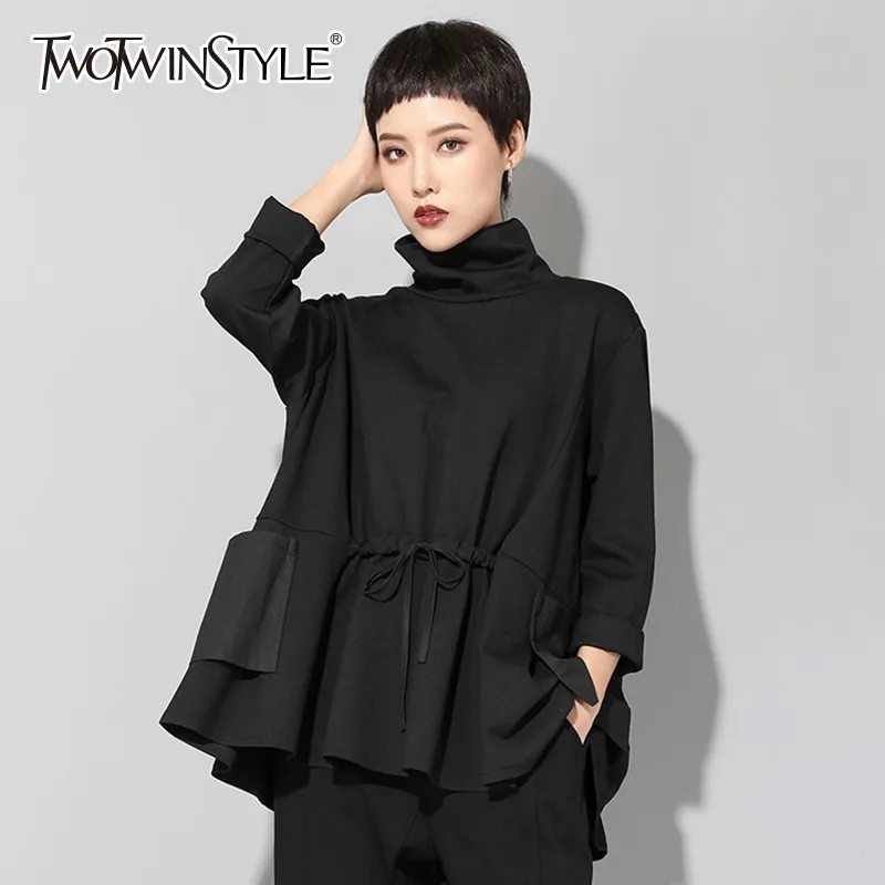 TWOTWINSTYLE Pullover Tops Female Turtleneck Long Sleeve Drawstring T-shirts Female Oversized 2019 Spring Casual Fashion Clothes
TWOTWINSTYLE Pullover Tops Female Turtleneck Long Sleeve Drawstring T-shirts Female Oversized 2019 Spring Casual Fashion Clothes