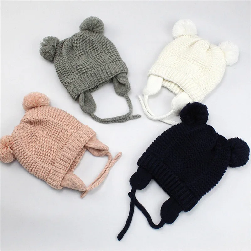 

2018 Trendy Winter Warm Baby Boy Girl Beanie Hat Cute Kids Toddler Knitted Cap Ears Protector Crochet Fur Pom Bobble Hat 3-24M