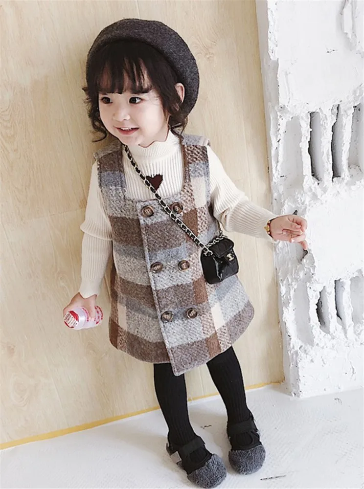 Girls Clothing Wool Double-breasted Strap Dress Infant Baby Kids Dresses For Fashion Plaid Sleeveless Toddler 2-5 Y | Детская одежда и