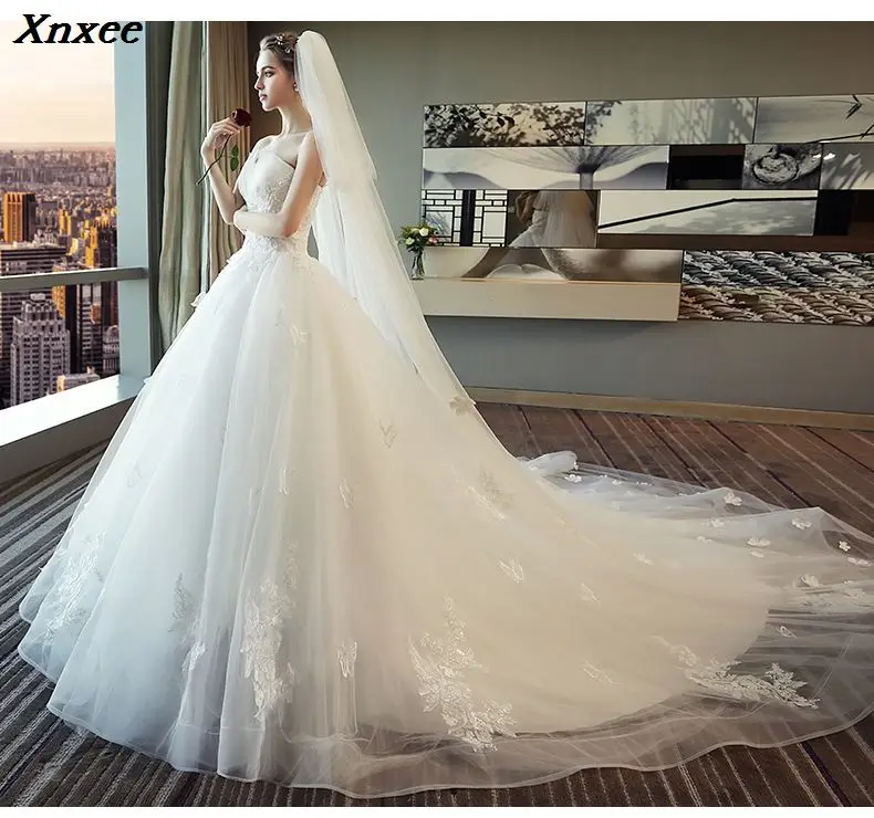 

Xnxee Fashion Vintage White Long Train Dresses 2018 Vestidos de Noivas Plus Size Bling Bridal Gowns Xnxee